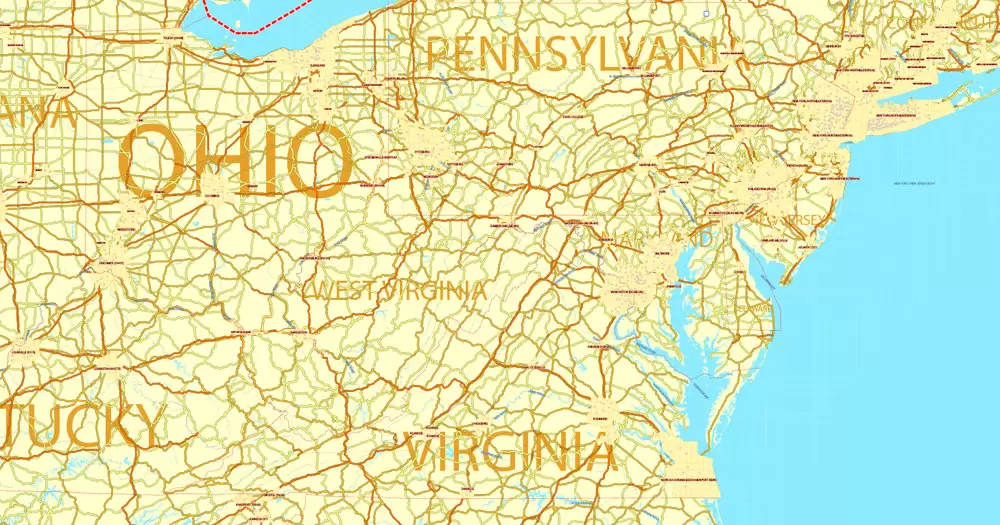 Printable Map US and Canada with all Roads, Cities, States, all names, exact vector map, V.7. fully editable, Adobe Illustrator