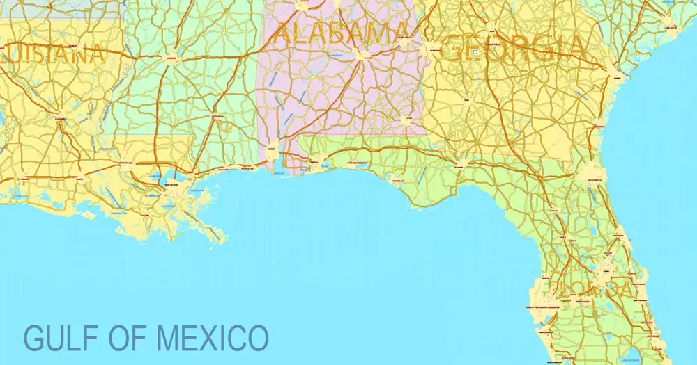 Printable Map US and Canada with all Roads, Cities, States, all names, exact vector map, V.7. fully editable, Adobe Illustrator