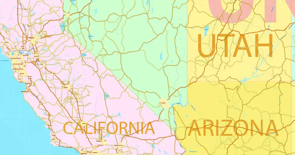 Printable Map US and Canada with all Roads, Cities, States, all names, exact vector map, V.7. fully editable, Adobe Illustrator