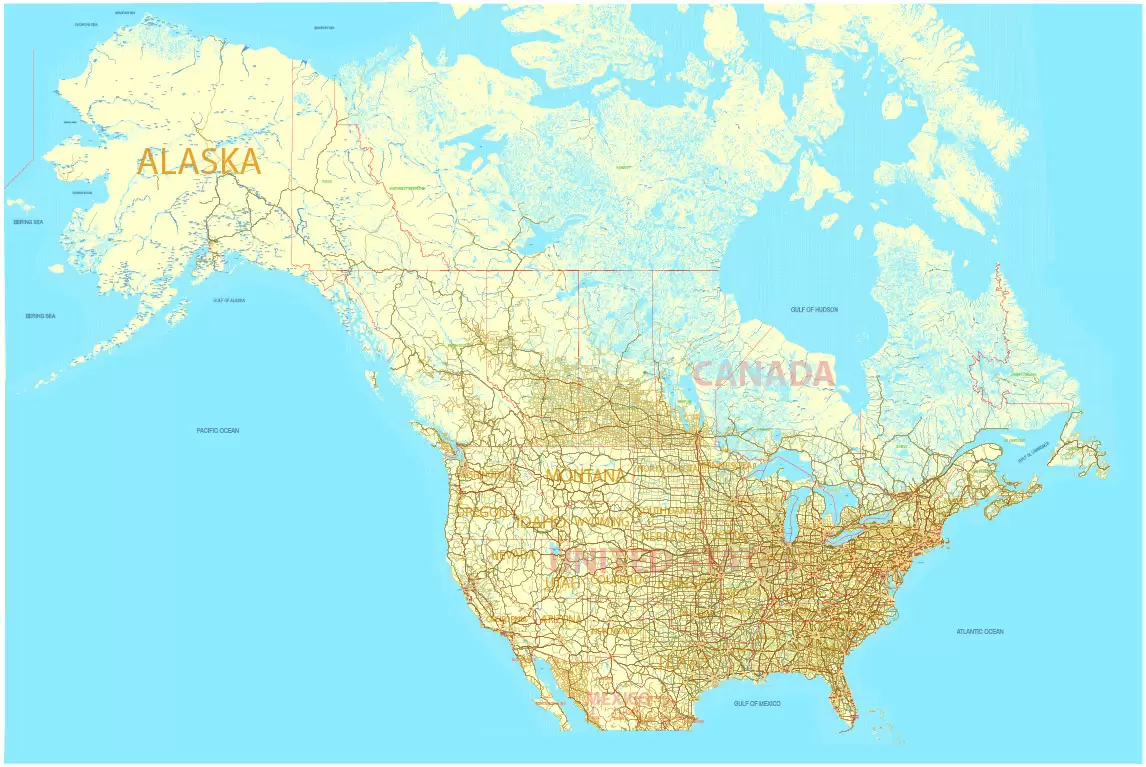 Printable Map US and Canada with all Roads, Cities, States, all names, exact vector map, V.7. fully editable, Adobe Illustrator