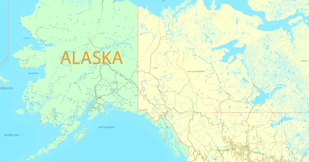 Printable Map US and Canada with all Roads, Cities, States, all names, exact vector map, V.7. fully editable, Adobe Illustrator