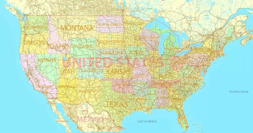 United States and Canada PDF Map all Roads, Cities, States, all names, exact vector map 01 02 editable, Adobe PDF