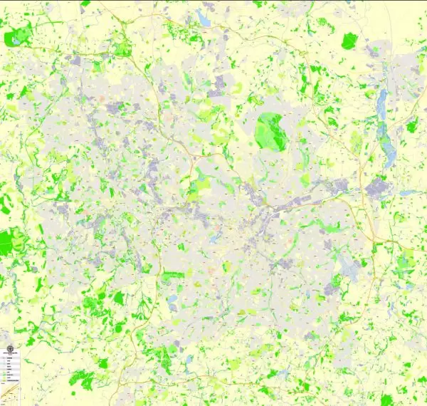 Printable Map Birmingham, England, exact vector street G-View Plan City Level 17 (100 meters scale) map, V.14.02. fully editable, Adobe Illustrator