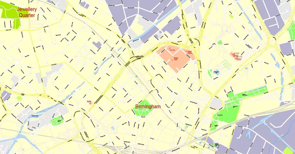 Printable Map Birmingham, England, exact vector street G-View Plan City Level 17 (100 meters scale) map, V.14.02. fully editable, Adobe Illustrator