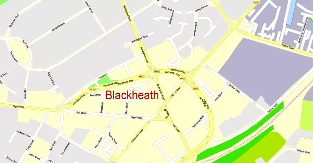 Printable Map Birmingham, England, exact vector street G-View Plan City Level 17 (100 meters scale) map, V.14.02. fully editable, Adobe Illustrator