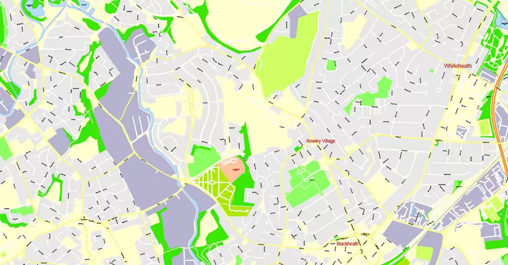 Printable Map Birmingham, England, exact vector street G-View Plan City Level 17 (100 meters scale) map, V.14.02. fully editable, Adobe Illustrator