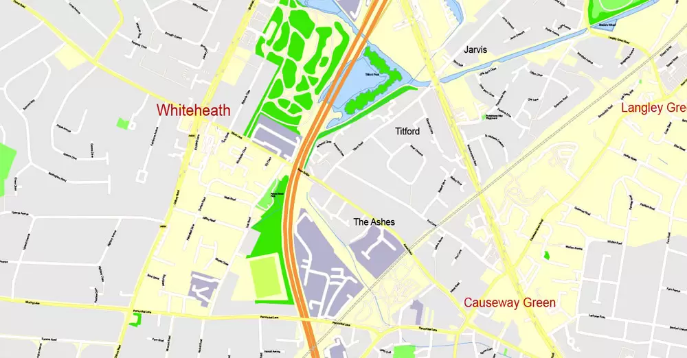 Printable Map Birmingham, England, exact vector street G-View Plan City Level 17 (100 meters scale) map, V.14.02. fully editable, Adobe Illustrator
