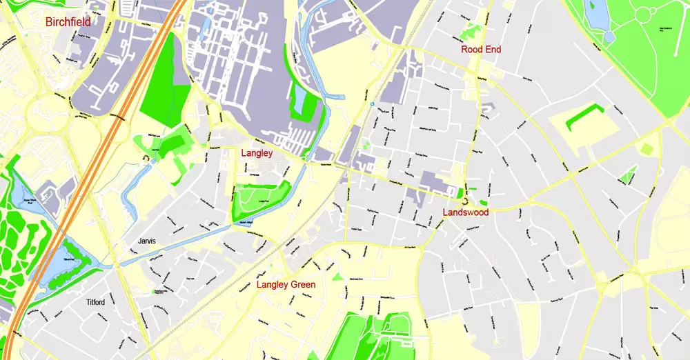 Printable Map Birmingham, England, exact vector street G-View Plan City Level 17 (100 meters scale) map, V.14.02. fully editable, Adobe Illustrator