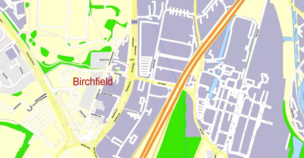 Printable Map Birmingham, England, exact vector street G-View Plan City Level 17 (100 meters scale) map, V.14.02. fully editable, Adobe Illustrator