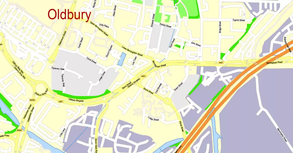 Printable Map Birmingham, England, exact vector street G-View Plan City Level 17 (100 meters scale) map, V.14.02. fully editable, Adobe Illustrator