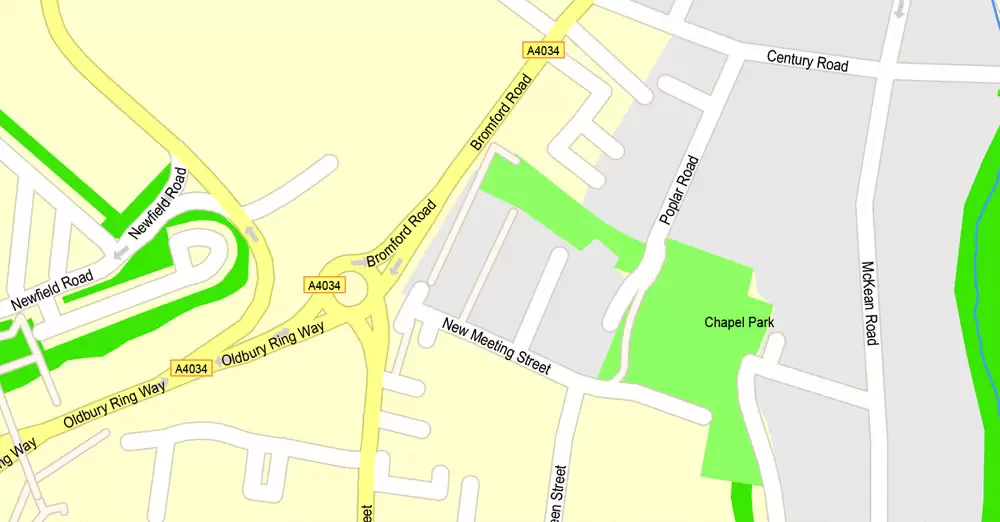 Printable Map Birmingham, England, exact vector street G-View Plan City Level 17 (100 meters scale) map, V.14.02. fully editable, Adobe Illustrator