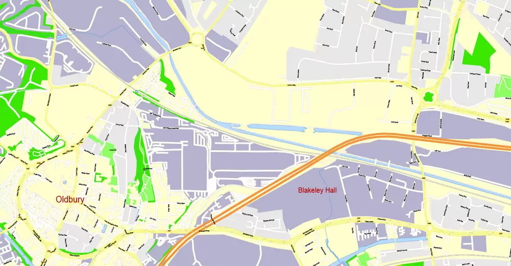 Printable Map Birmingham, England, exact vector street G-View Plan City Level 17 (100 meters scale) map, V.14.02. fully editable, Adobe Illustrator