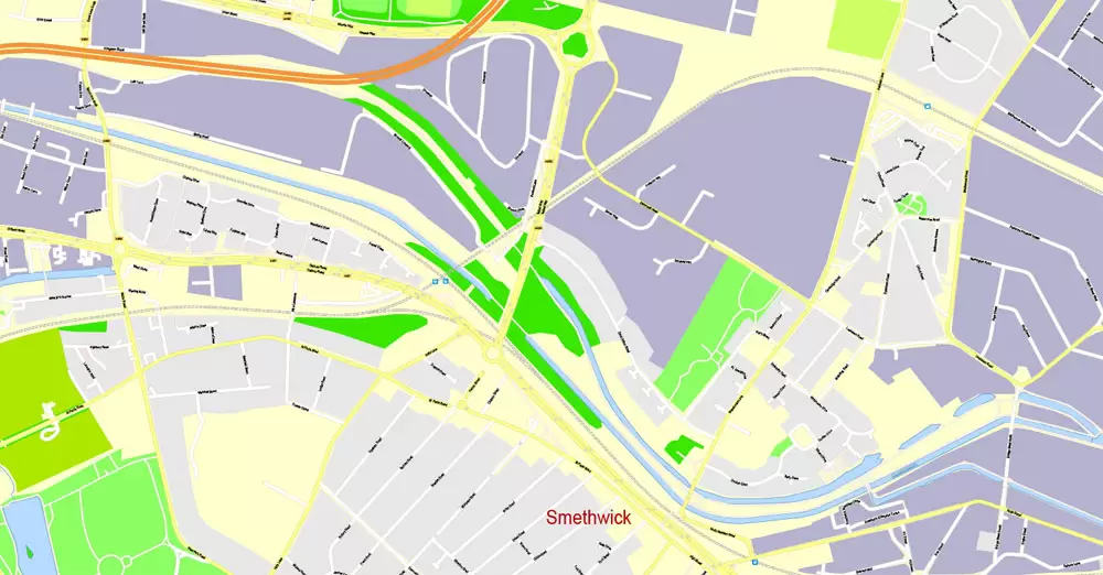 Printable Map Birmingham, England, exact vector street G-View Plan City Level 17 (100 meters scale) map, V.14.02. fully editable, Adobe Illustrator