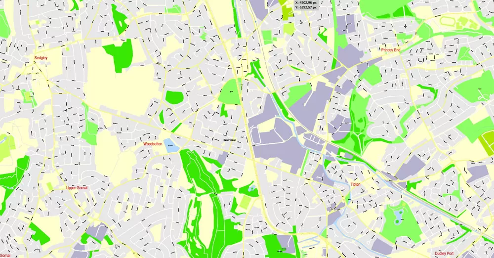 Printable Map Birmingham, England, exact vector street G-View Plan City Level 17 (100 meters scale) map, V.14.02. fully editable, Adobe Illustrator