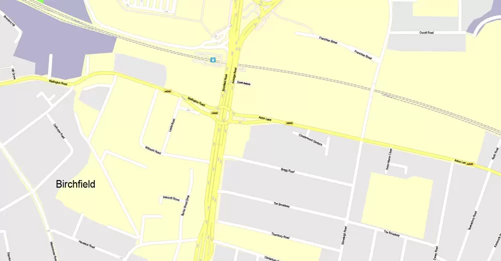 Printable Map Birmingham, England, exact vector street G-View Plan City Level 17 (100 meters scale) map, V.14.02. fully editable, Adobe Illustrator