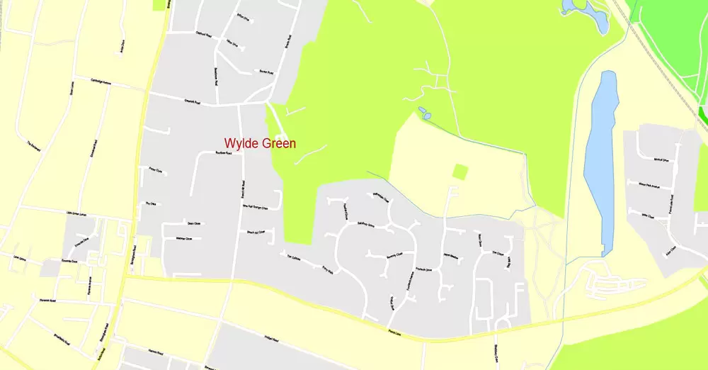 Printable Map Birmingham, England, exact vector street G-View Plan City Level 17 (100 meters scale) map, V.14.02. fully editable, Adobe Illustrator