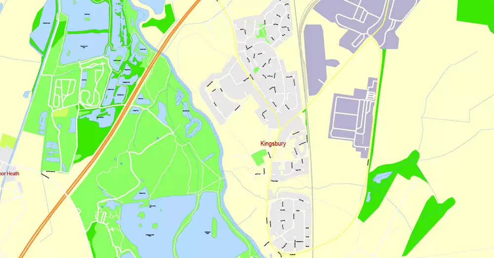 Printable Map Birmingham, England, exact vector street G-View Plan City Level 17 (100 meters scale) map, V.14.02. fully editable, Adobe Illustrator