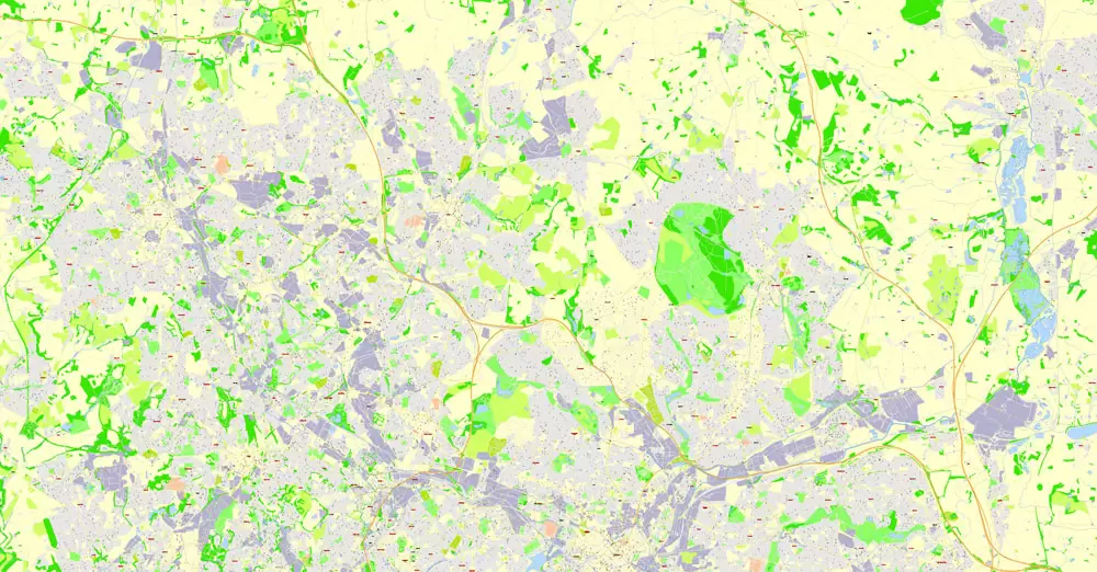 Printable Map Birmingham, England, exact vector street G-View Plan City Level 17 (100 meters scale) map, V.14.02. fully editable, Adobe Illustrator