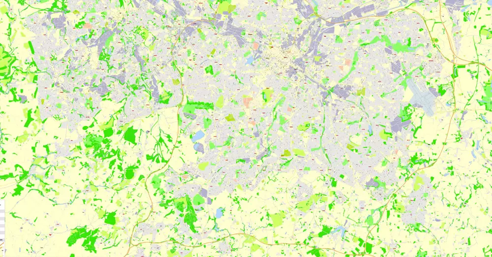 Printable Map Birmingham, England, exact vector street G-View Plan City Level 17 (100 meters scale) map, V.14.02. fully editable, Adobe Illustrator