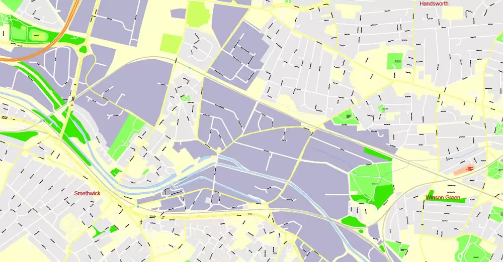 Printable Map Birmingham, England, exact vector street G-View Plan City Level 17 (100 meters scale) map, V.14.02. fully editable, Adobe Illustrator