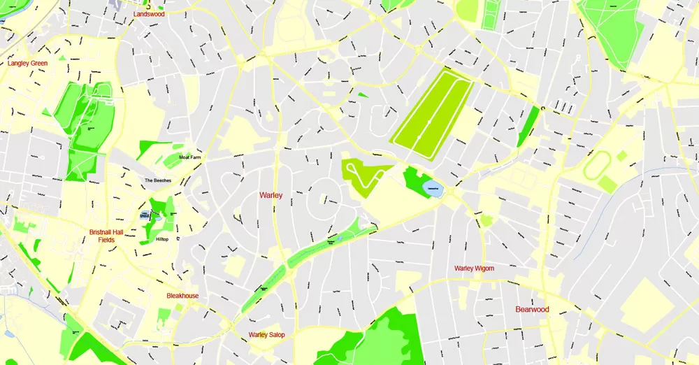 Printable Map Birmingham, England, exact vector street G-View Plan City Level 17 (100 meters scale) map, V.14.02. fully editable, Adobe Illustrator