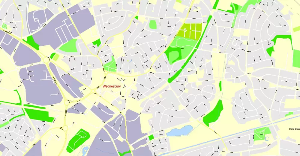 Printable Map Birmingham, England, exact vector street G-View Plan City Level 17 (100 meters scale) map, V.14.02. fully editable, Adobe Illustrator