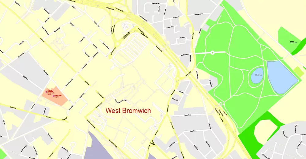 Printable Map Birmingham, England, exact vector street G-View Plan City Level 17 (100 meters scale) map, V.14.02. fully editable, Adobe Illustrator