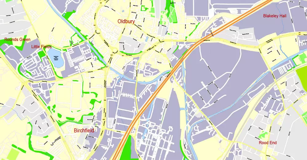 Printable Map Birmingham, England, exact vector street G-View Plan City Level 17 (100 meters scale) map, V.14.02. fully editable, Adobe Illustrator