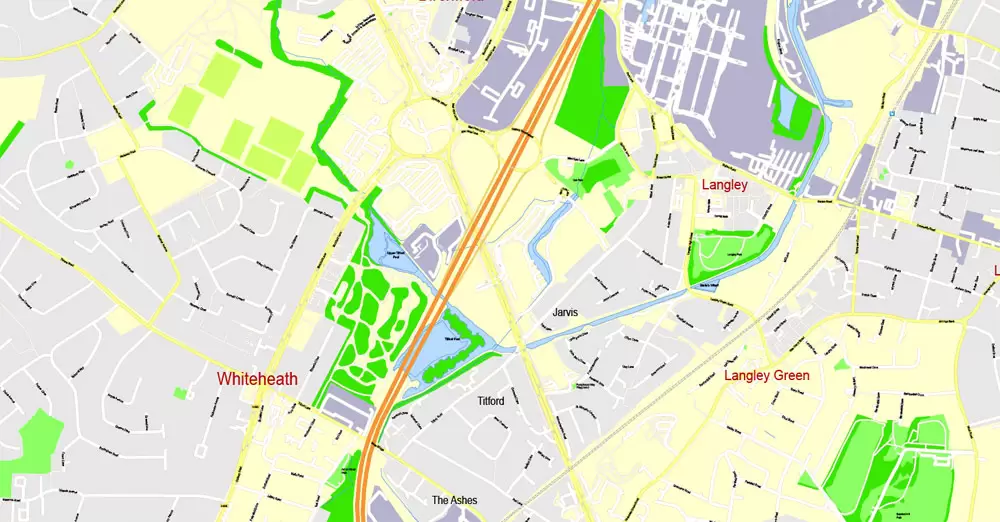 Printable Map Birmingham, England, exact vector street G-View Plan City Level 17 (100 meters scale) map, V.14.02. fully editable, Adobe Illustrator