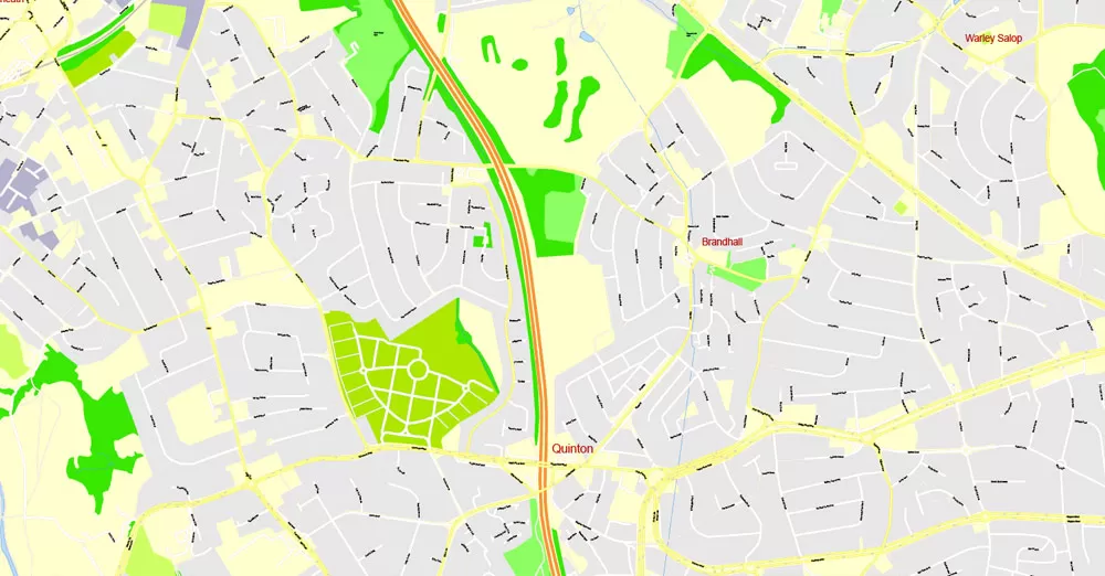 Printable Map Birmingham, England, exact vector street G-View Plan City Level 17 (100 meters scale) map, V.14.02. fully editable, Adobe Illustrator