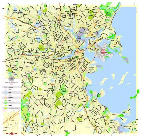 Printable Map Boston, Massachusetts, US, exact vector street G-View Plan City Level 17 (2000 meters scale) map, V.05.02. fully editable, Adobe Illustrator