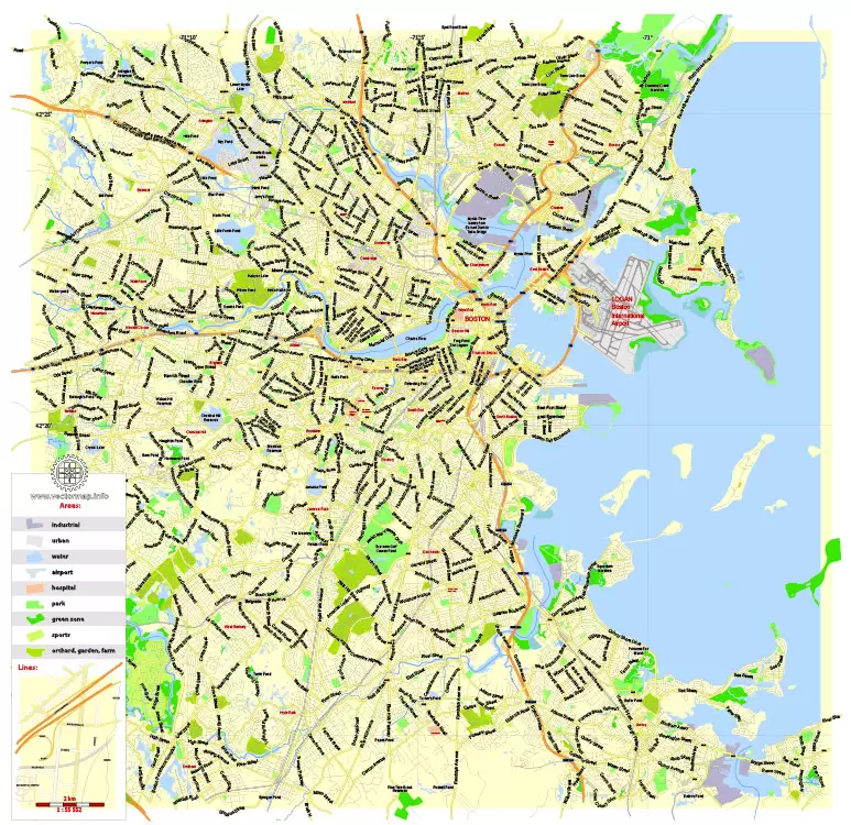 Printable Map Boston, Massachusetts, US, exact vector street G-View Plan City Level 17 (2000 meters scale) map, V.05.02. fully editable, Adobe Illustrator