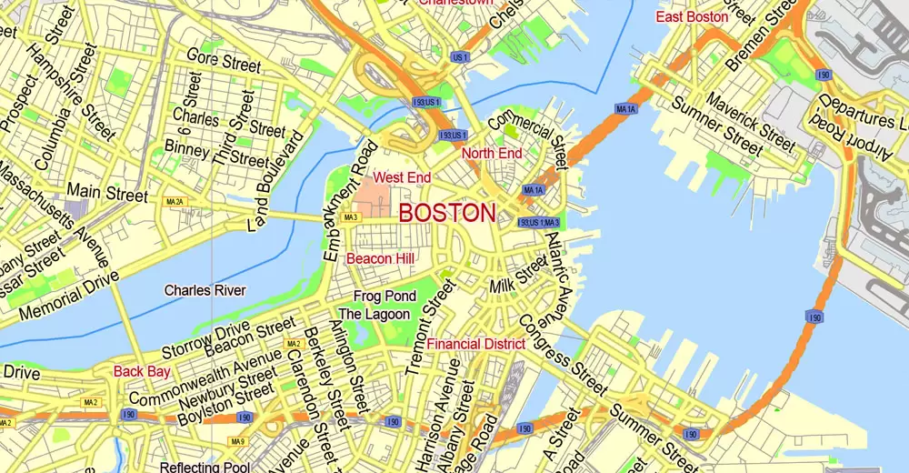 Printable Map Boston, Massachusetts, US, exact vector street G-View Plan City Level 17 (2000 meters scale) map, V.05.02. fully editable, Adobe Illustrator