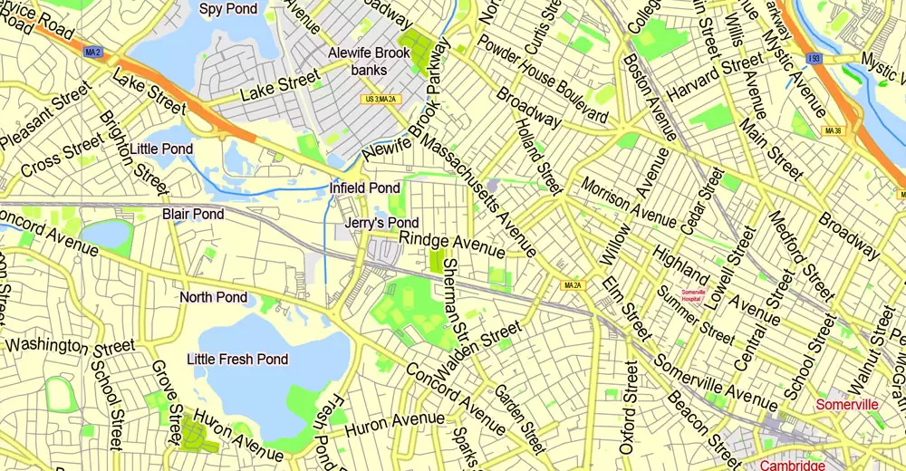 Printable Map Boston, Massachusetts, US, exact vector street G-View Plan City Level 17 (2000 meters scale) map, V.05.02. fully editable, Adobe Illustrator