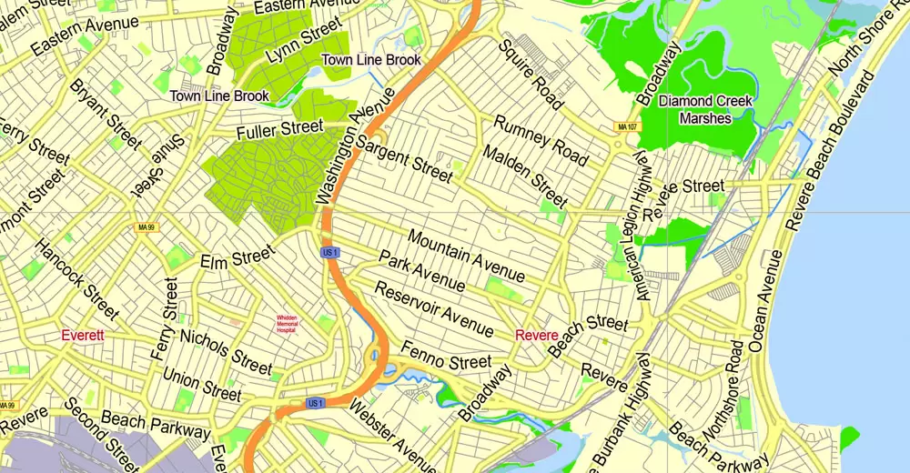 Printable Map Boston, Massachusetts, US, exact vector street G-View Plan City Level 17 (2000 meters scale) map, V.05.02. fully editable, Adobe Illustrator