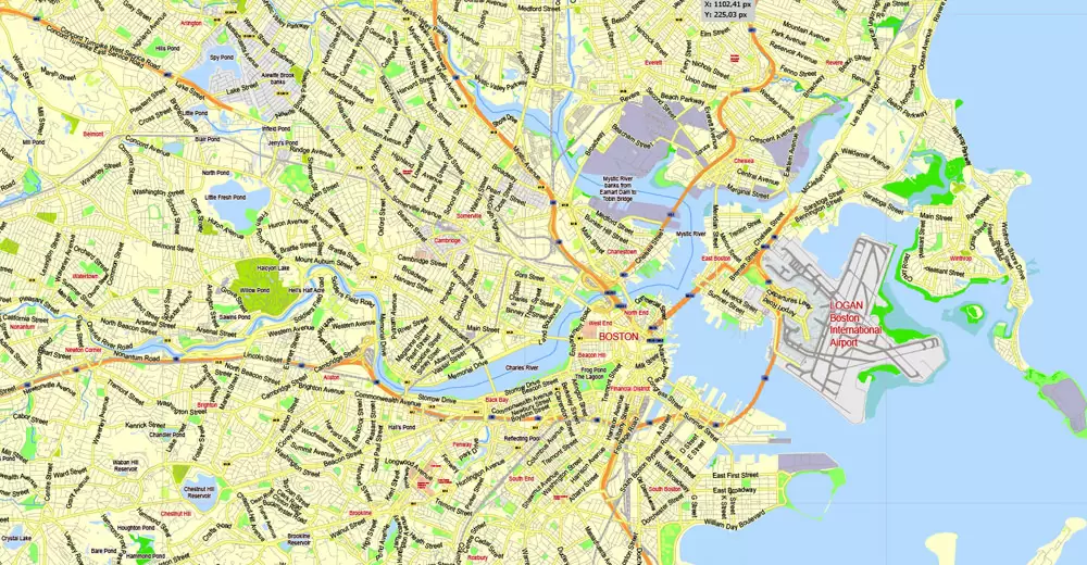 Printable Map Boston, Massachusetts, US, exact vector street G-View Plan City Level 17 (2000 meters scale) map, V.05.02. fully editable, Adobe Illustrator