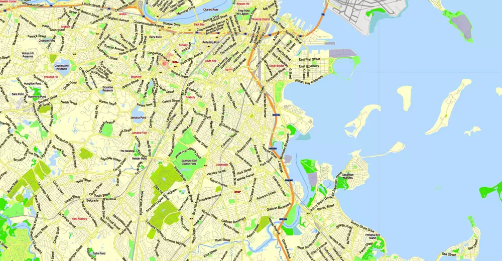 Printable Map Boston, Massachusetts, US, exact vector street G-View Plan City Level 17 (2000 meters scale) map, V.05.02. fully editable, Adobe Illustrator