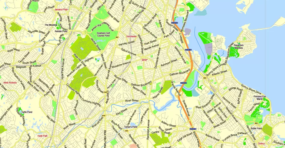 Printable Map Boston, Massachusetts, US, exact vector street G-View Plan City Level 17 (2000 meters scale) map, V.05.02. fully editable, Adobe Illustrator