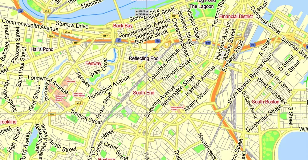 Printable Map Boston, Massachusetts, US, exact vector street G-View Plan City Level 17 (2000 meters scale) map, V.05.02. fully editable, Adobe Illustrator