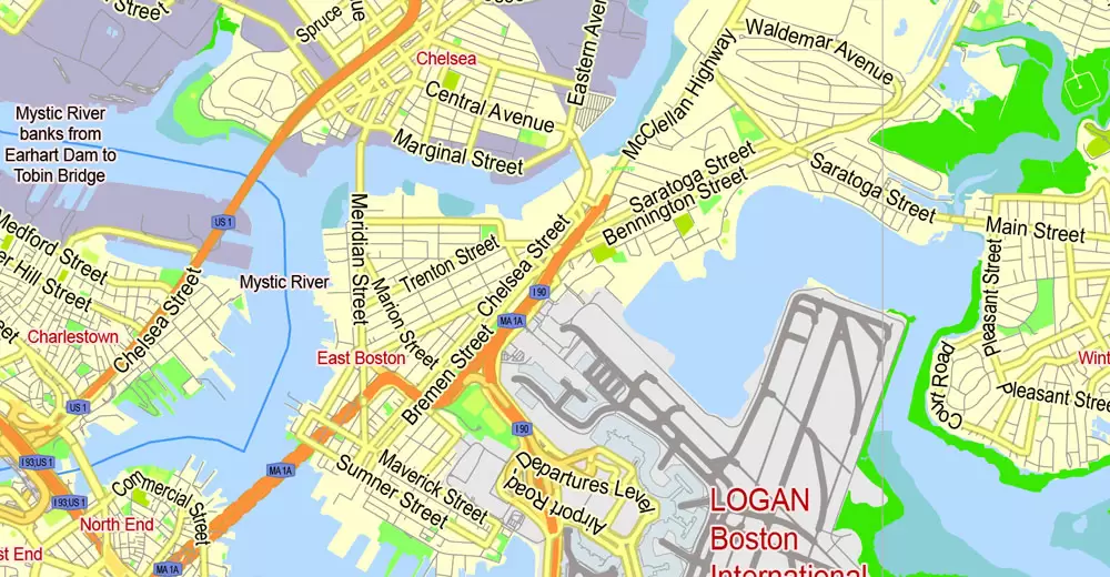 Printable Map Boston, Massachusetts, US, exact vector street G-View Plan City Level 17 (2000 meters scale) map, V.05.02. fully editable, Adobe Illustrator