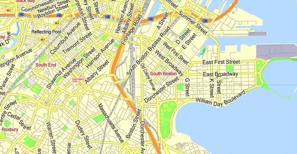 Printable Map Boston, Massachusetts, US, exact vector street G-View Plan City Level 17 (2000 meters scale) map, V.05.02. fully editable, Adobe Illustrator