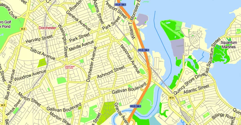 Printable Map Boston, Massachusetts, US, exact vector street G-View Plan City Level 17 (2000 meters scale) map, V.05.02. fully editable, Adobe Illustrator