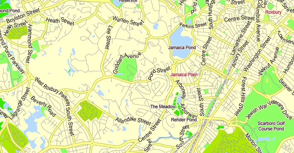 Printable Map Boston, Massachusetts, US, exact vector street G-View Plan City Level 17 (2000 meters scale) map, V.05.02. fully editable, Adobe Illustrator