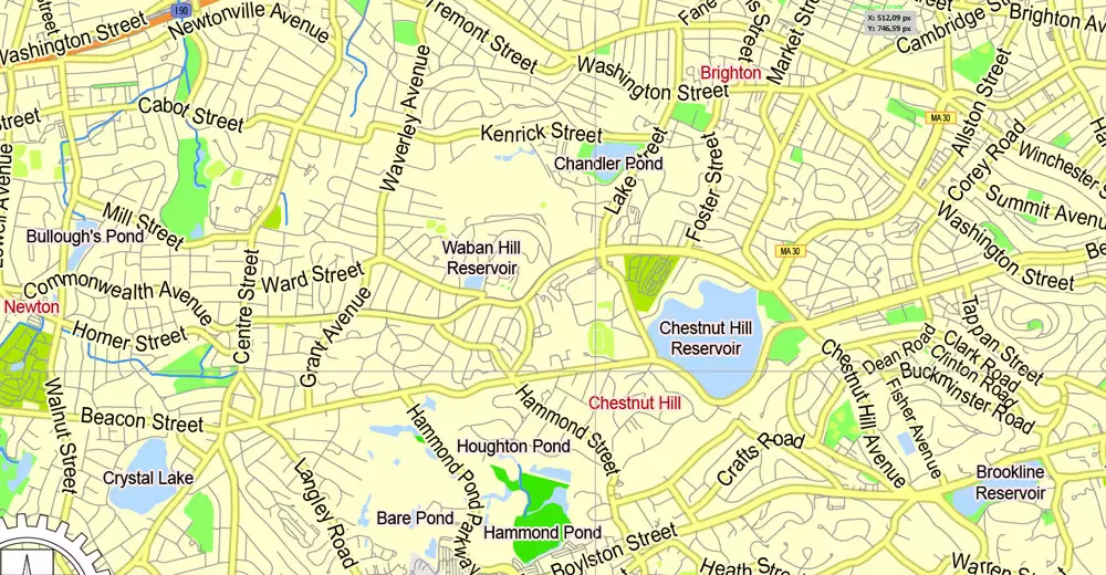 Printable Map Boston, Massachusetts, US, exact vector street G-View Plan City Level 17 (2000 meters scale) map, V.05.02. fully editable, Adobe Illustrator