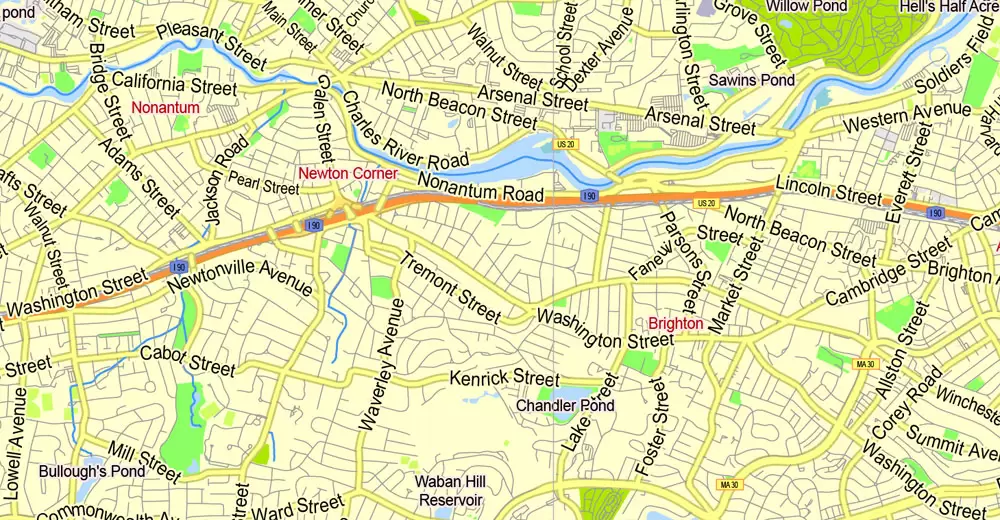 Printable Map Boston, Massachusetts, US, exact vector street G-View Plan City Level 17 (2000 meters scale) map, V.05.02. fully editable, Adobe Illustrator
