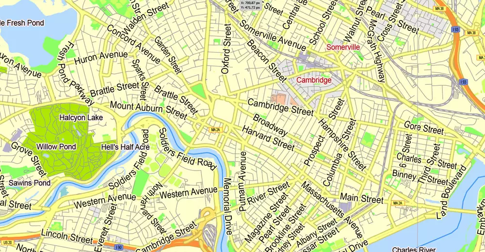 Printable Map Boston, Massachusetts, US, exact vector street G-View Plan City Level 17 (2000 meters scale) map, V.05.02. fully editable, Adobe Illustrator