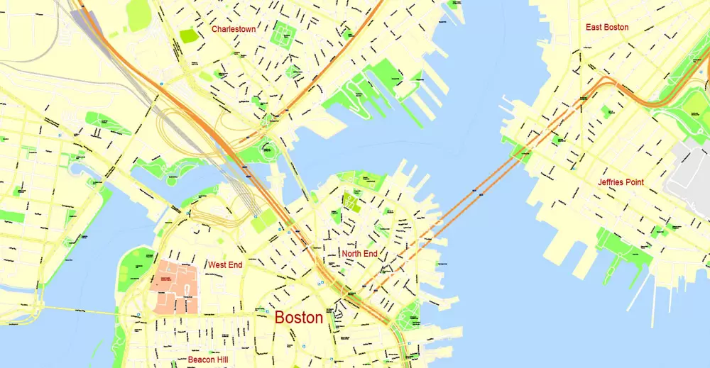 Printable Map Boston, Massachusetts, US, exact vector street G-View Plan City Level 17 (100 meters scale) map, V.05.02. fully editable, Adobe Illustrator