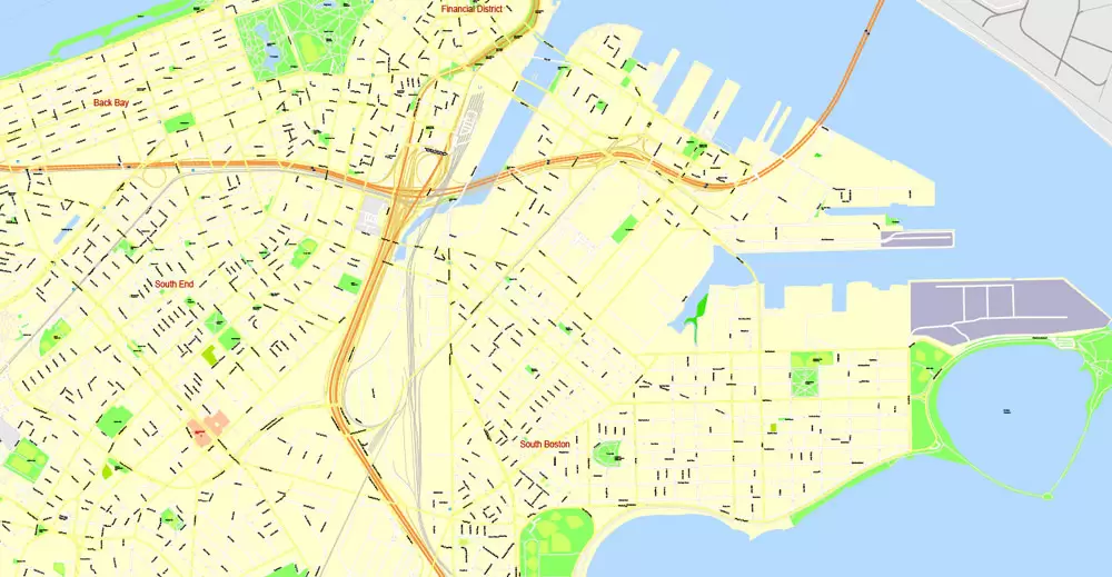 Printable Map Boston, Massachusetts, US, exact vector street G-View Plan City Level 17 (100 meters scale) map, V.05.02. fully editable, Adobe Illustrator