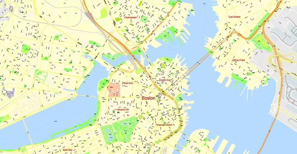 Printable Map Boston, Massachusetts, US, exact vector street G-View Plan City Level 17 (100 meters scale) map, V.05.02. fully editable, Adobe Illustrator