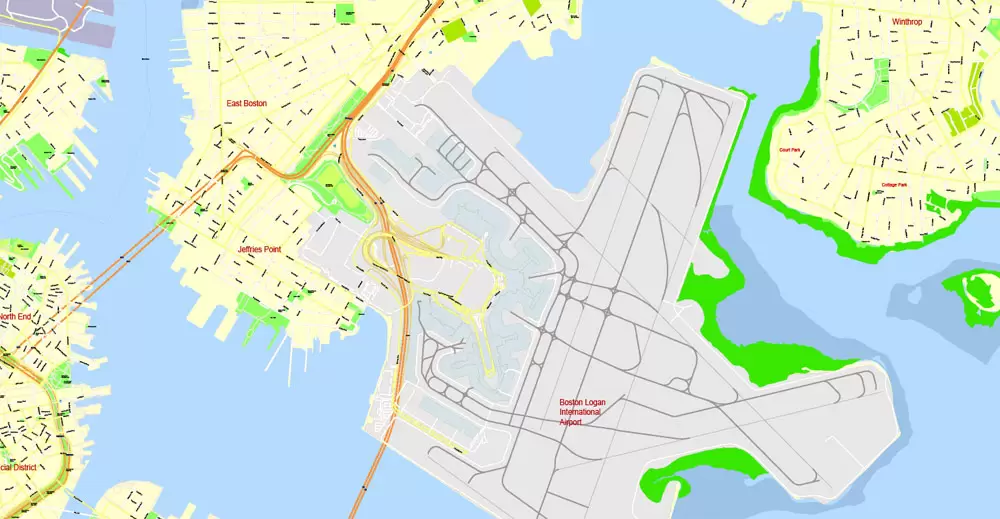 Printable Map Boston, Massachusetts, US, exact vector street G-View Plan City Level 17 (100 meters scale) map, V.05.02. fully editable, Adobe Illustrator